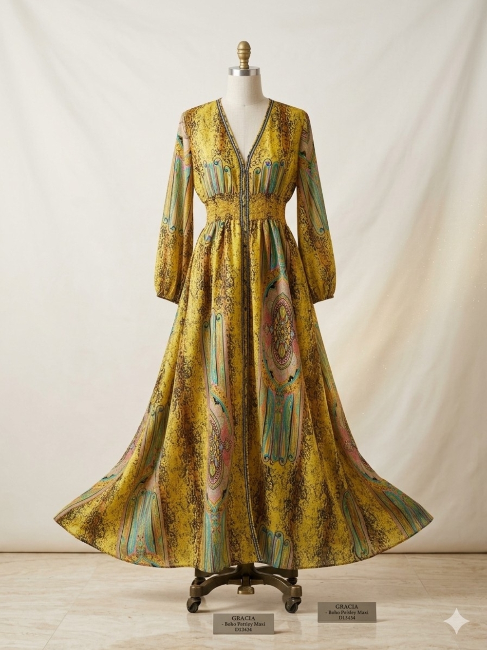 Gracia Yellow Paisley Print Long Sleeve Maxi Dress